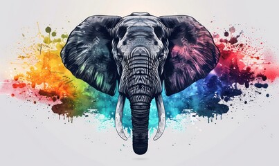 Wall Mural - Angry elephant face vector with zoo park details and vibrant rainbow splash on a white background , Generate AI