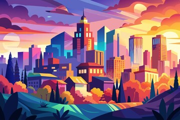 Wall Mural - Vibrant cityscape at dusk, painted with watercolors on white background, evoking sense of energy and dynamism., nightlife, white background, painting, colorful