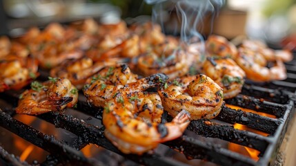 Wall Mural - A plate of shrimp is on a grill, with the shrimp being cooked