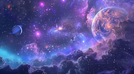 Wall Mural - Surreal Fantasy Space Scene with Vibrant Nebulae and Distant Stars in Digital Artwork