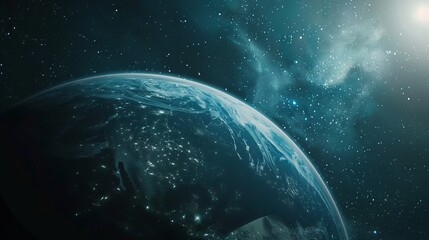 Wall Mural - breathtaking space landscape with distant planet and glowing stars in cosmic scene