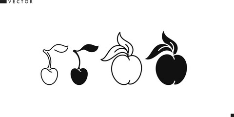 Wall Mural - Abstract fruit with leaves silhouette. Icon set. Isolated fruit on white background