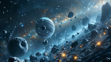 Wall Mural - panoramic space scene with planets and meteorites, cosmic background in 32:9 aspect ratio
