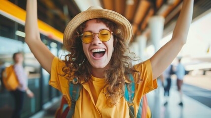 Wall Mural - Young woman feeling excited while going on vacation at airport