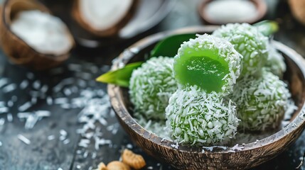 A closeup of an Indonesian klepon, showing its vibrant green, glutinous rice ball filled with palm sugar and coated in grated coconut, set against a rustic background
