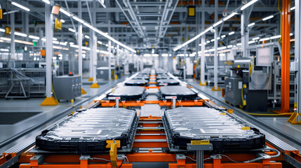 Wall Mural - electric car battery production line in a modern factory setting with conveyor belt and row of batte