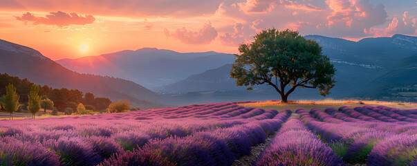 Wall Mural - Sunset over lavender field in Provence, France. Wonderful summer landscape with lavender fields.