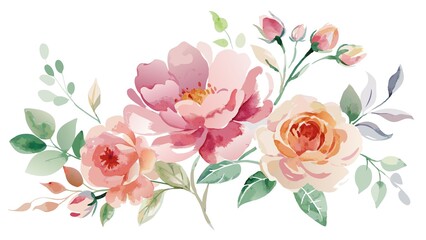 Wall Mural - watercolor, flowers, texture, white background, Delicate watercolor flowers scattered on pure white background, showcasing soft brushstrokes and texture.