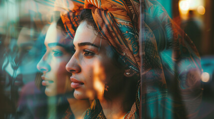 Wall Mural - A woman wearing a scarf and looking out a window