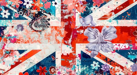 A colorful painting of a British flag with flowers and butterflies