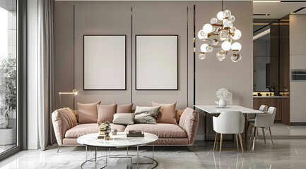 Wall Mural - Modern interior design of a small living room with a light beige sofa, a dining table and chairs