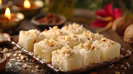 A dynamic image of freshly made coconut barfi