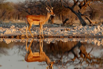 Wall Mural - majestic impala reflection in waterhole at dusk african wildlife photography