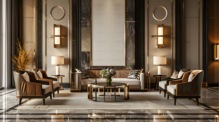 Wall Mural - Art Deco extravagant and premium interior design hotel lobby with chairs, sofa and empty poster mockup on the wall