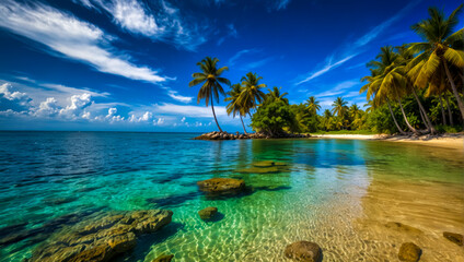 Wall Mural - Beach resort landscape, palm trees white sand ,tropic surf and horizontal sea as summer holiday vacation. , exotic travel destination