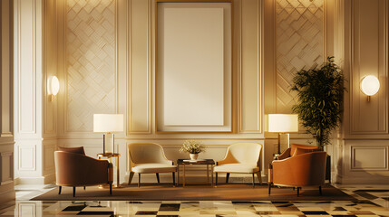 Wall Mural - Art Deco extravagant and premium interior design hotel lobby with chairs, sofa and empty poster mockup on the wall