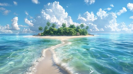 Wall Mural - Illustration tropical island with white sandy beaches, clear turquoise water.