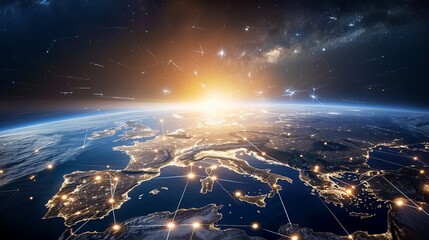 Wall Mural - sunrise on planet earth from space: european city lights and connections highlight global communicat