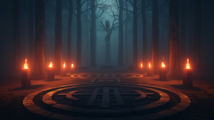 Ritual circle in a dark forest, symbols carved into the ground, eerie mist, flickering torches, mystical and enigmatic, Digital Art, Illustration