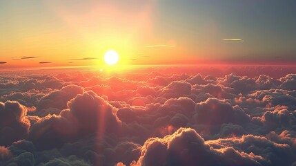 Wall Mural - sunrise over horizon with warm glow and cumulus clouds in picturesque astronomical event in space