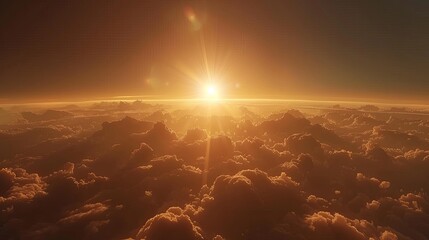 Wall Mural - sunrise over horizon with warm glow and cumulus clouds in picturesque astronomical event in space