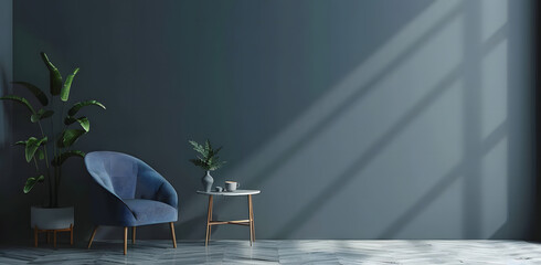Wall Mural - Modern interior design with an empty dark blue wall background and a grey armchair