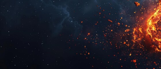 minimalist banner featuring a dramatic stellar explosion with glowing fragments with copy space