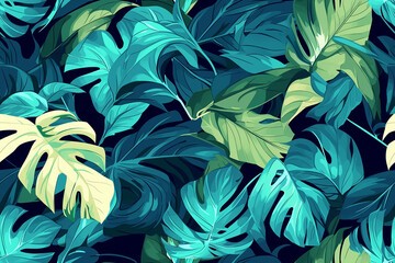 Vibrant seamless pattern with tropical leaves in various shades of blue and green, creating a lush and exotic feel.