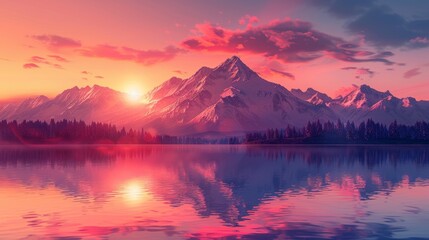 Wall Mural - Illustration minimalist of serene mountain range at sunset with vibrant orange and pink hues in the sky, reflected in a calm lake below.