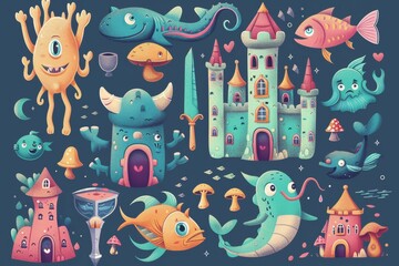Wall Mural - Castle, monster, surreal images set, fantasy fairytale characters, scary mythology beasts, doodle fish dragons