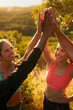 © AS/peopleimages.com - Group, high five and people with fitness, nature and happy for solidarity, goals or progress for achievement. Women, connection and celebration with teamwork for health, transformation or lose weight