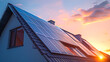 © Creator - solar panels on the roof of the house and blue sky. Close up of a new building with solar panels on the roof. Mock up. Sustainable and clean energy at home. Sunset. High quality photo.