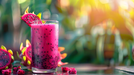 Dragon fruit juice depicted with a blurred backdrop