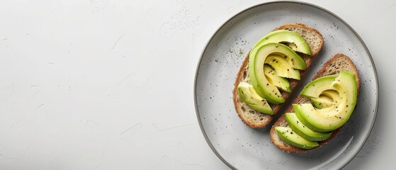 Wall Mural - A plate of avocado toast with two slices of bread and three slices of avocado