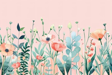 Isolated in pastel pink background, flat illustration style, with watercolor wild flowers