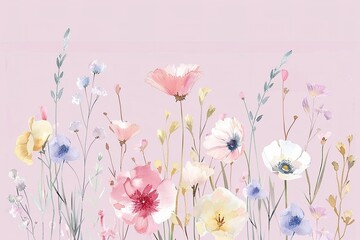 Isolated in pastel pink background, flat illustration style, with watercolor wild flowers