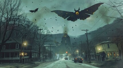 Mothman over the small American town. Illustration based on the urban legend of Point Pleasant