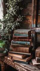 Wall Mural - front view of stack of books with one open,front view of hardback books in the library