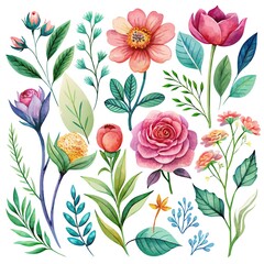 Poster - collection of exquisite watercolor illustrations featuring various flowers, leaves, and vines, isolated on white background, showcasing delicate details and textures.