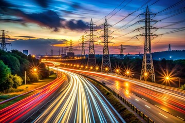 Vibrant night scene of a bustling motorway surrounded by towering high voltage pylons, illuminated by streaks of car lights, creating a mesmerizing urban landscape.