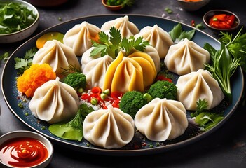 Wall Mural - fluffy dumplings served dipping sauce, steam, soft, savory, plate, restaurant, appetizer, snack, chinese, traditional, tasty, asian, homemade, delicious,