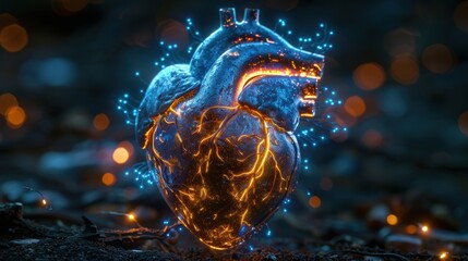 Wall Mural - Iron heart decorated with blue glowing electrical circuits