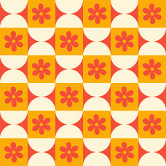 Fototapete - Trendy retro geometric seamless pattern with colorful semicircles and flowers on a checkered background. Modern abstract background. Red, beige and yellow colors. Vector illustration