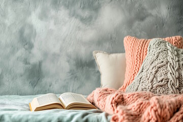 Wall Mural - Cozy bed with open book and pillows, concept of relaxation and comfort for Book Lovers Day