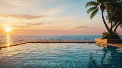 Podium stand in luxury swimming pool water with sea and sunset view.Hotel resort poolside backdrop. Summer background of tropical design product placement display.