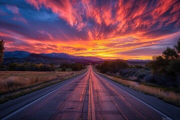 Sunset Utah. Dramatic Colourful Sunset over an Empty Road in Utah Countryside