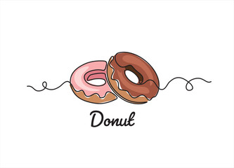 Wall Mural - Continuous one line drawing of two delicious donuts with topping isolated on white background. Food concept vector illustration.	