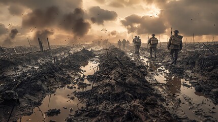 A group of soldiers trudged through a muddy field