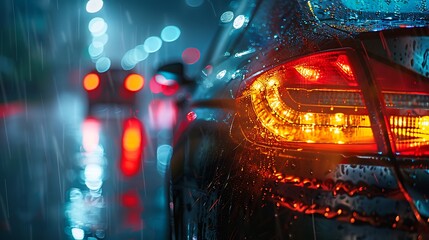 Canvas Print - A car orange tail lights shine and reflect off the rainy city roadway very detailed and realistic shape