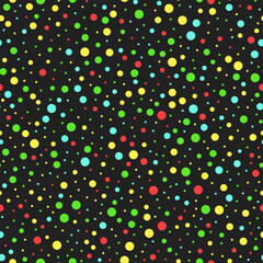 Wall Mural - Multicoloured dots on black background. Abstract vector seamless patterns. Best for textile, wallpapers, wrapping paper, package and web design.